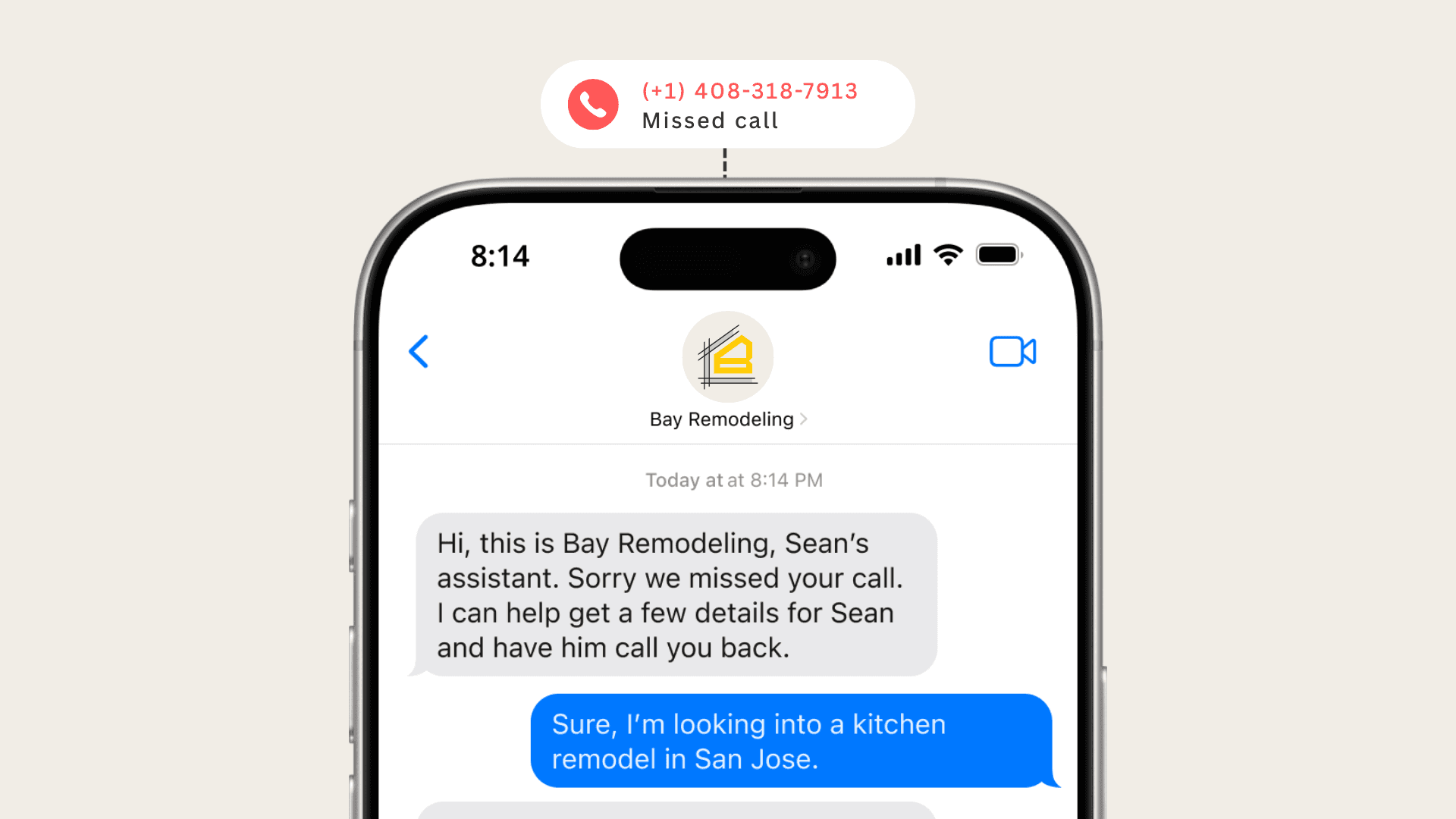 AI chatbot texting back a missed call with a remodel quote conversation.