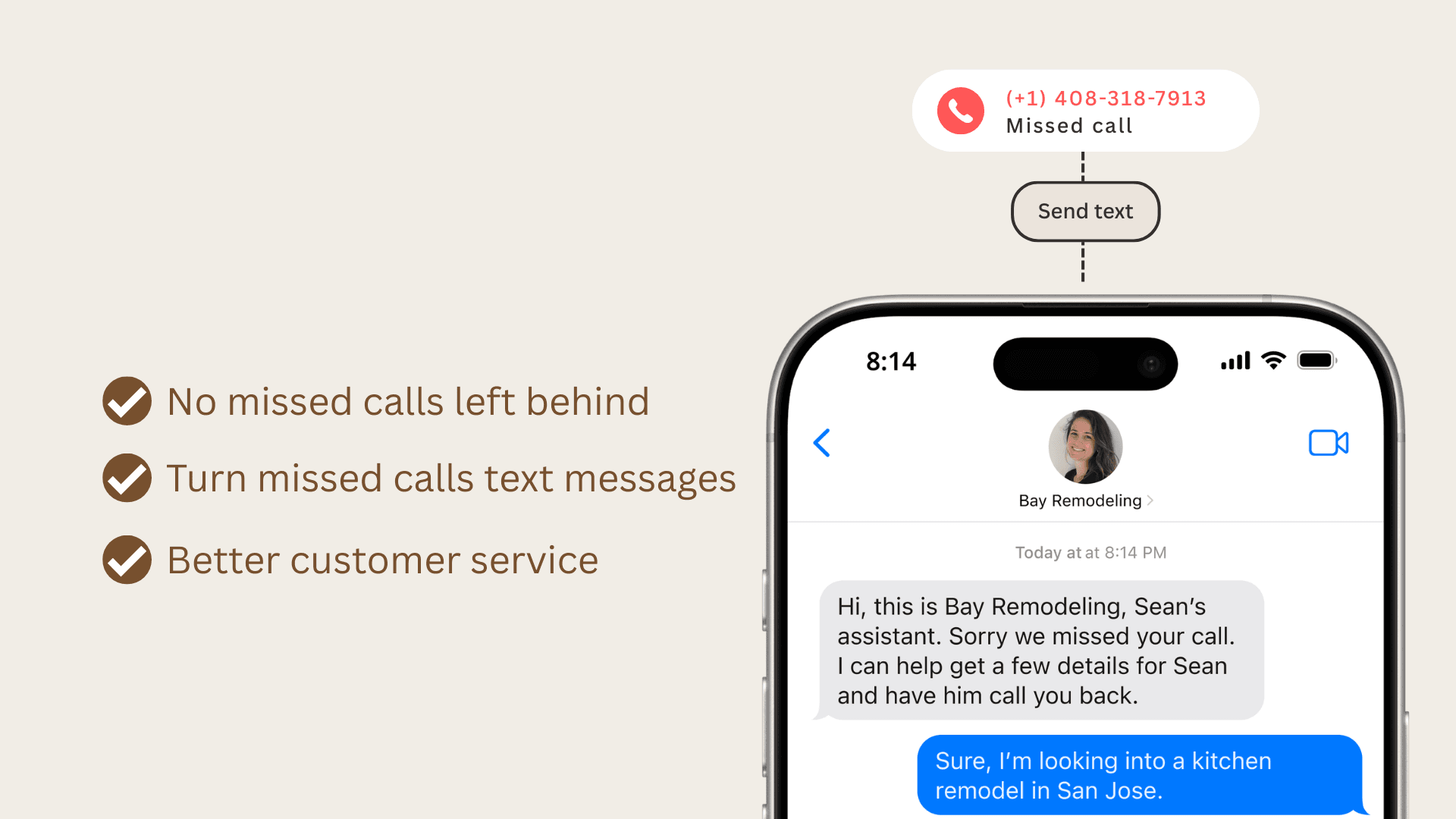 AI chatbot visual showing missed-call text back and messaging automation on a phone screen.