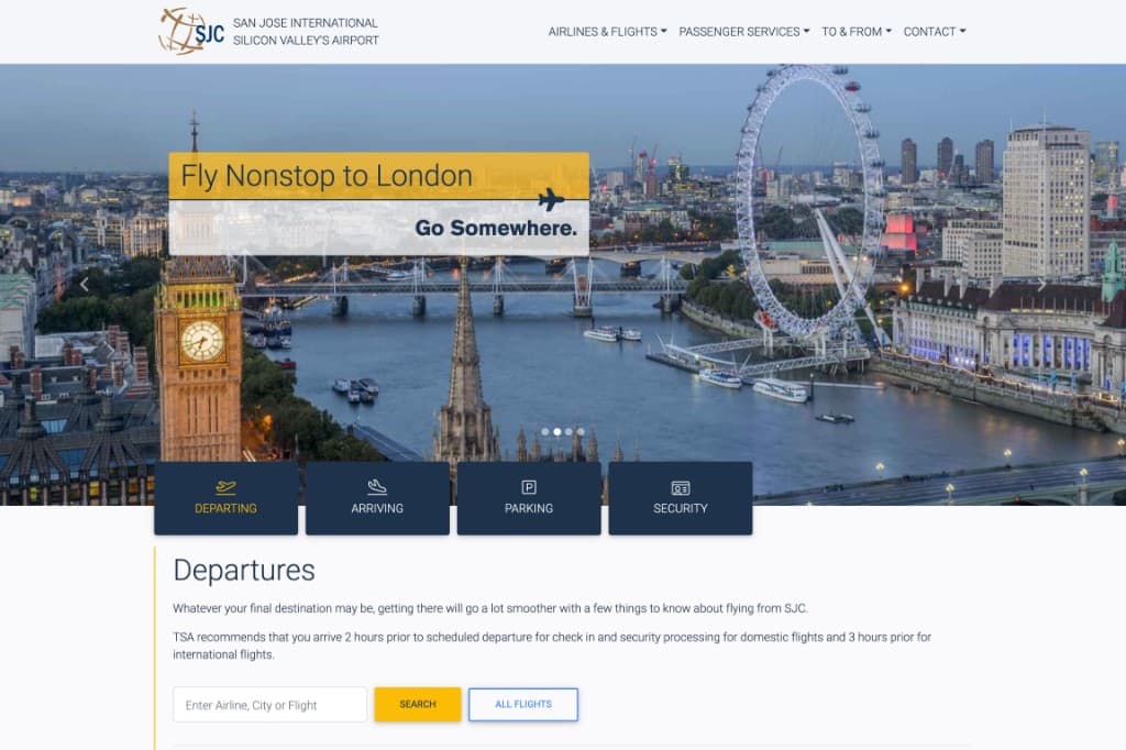 San Jose International Airport website after redesign - modern responsive design