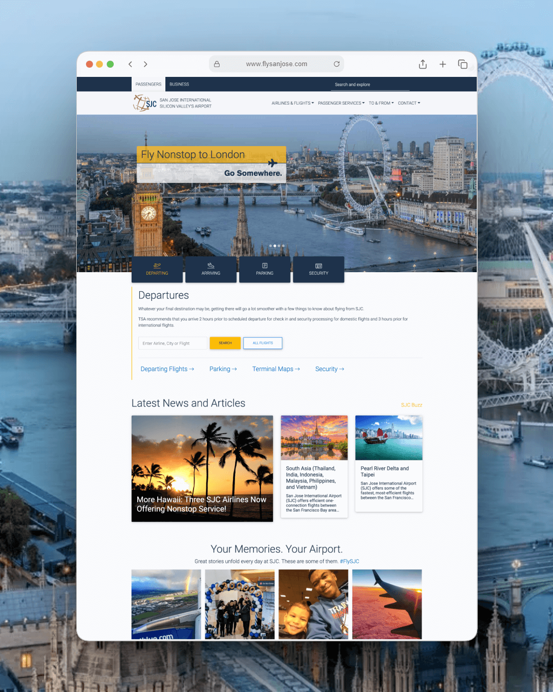 Fly San Jose website designed by SJFast, San Jose International Airport travel guide