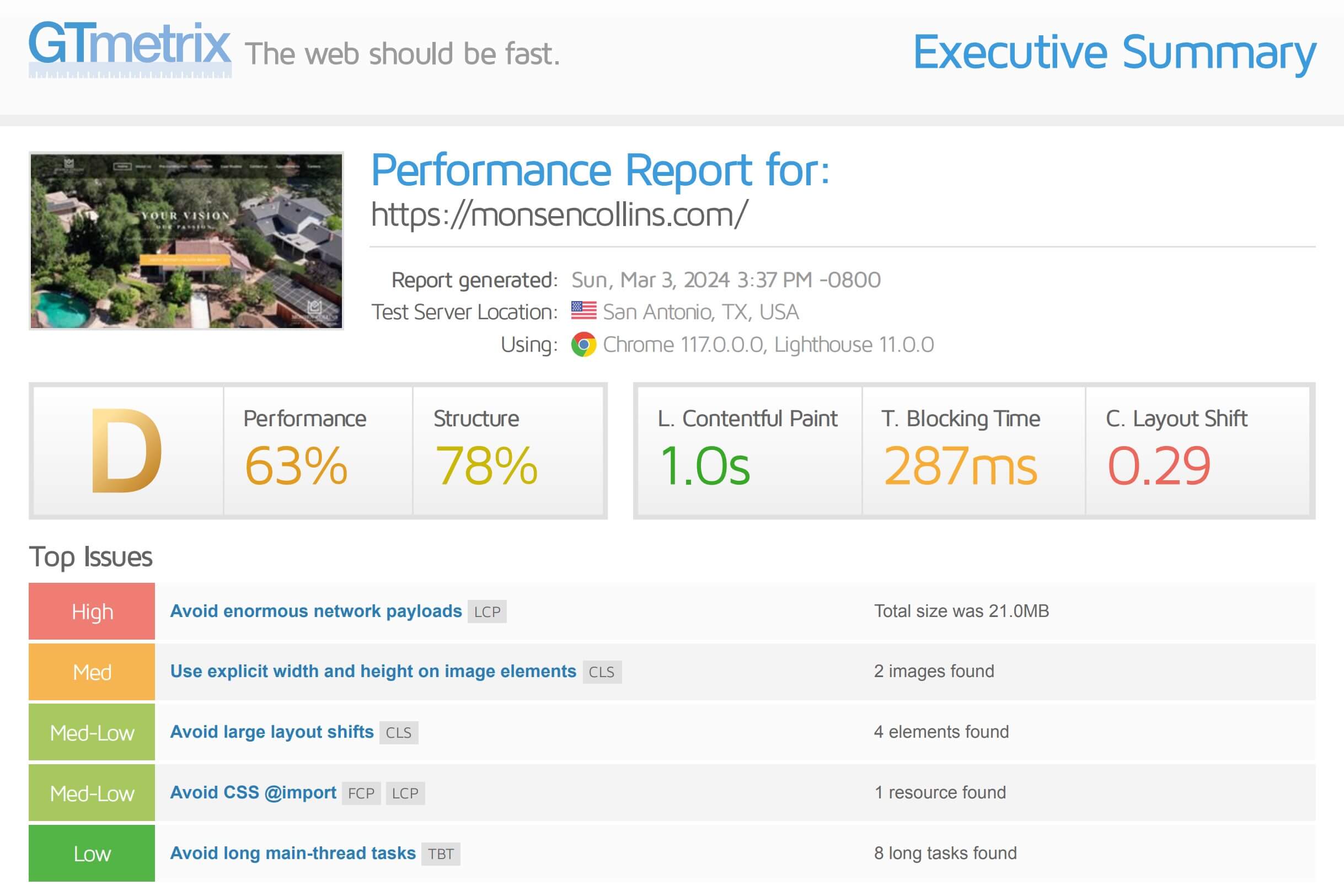GTmetrix score before optimization - Grade D, 63% Performance