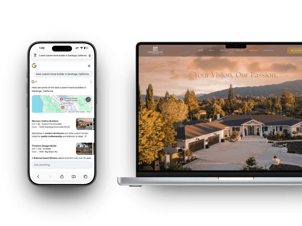 Professional website on laptop and Google search results on phone showing a local business ranking #1