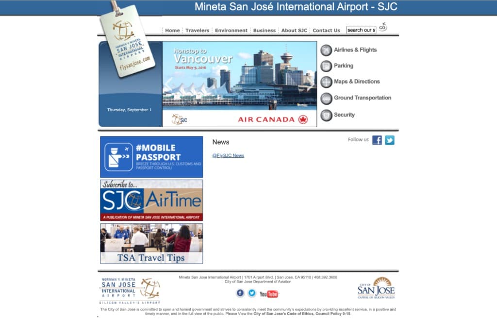 San Jose International Airport website before redesign - outdated layout